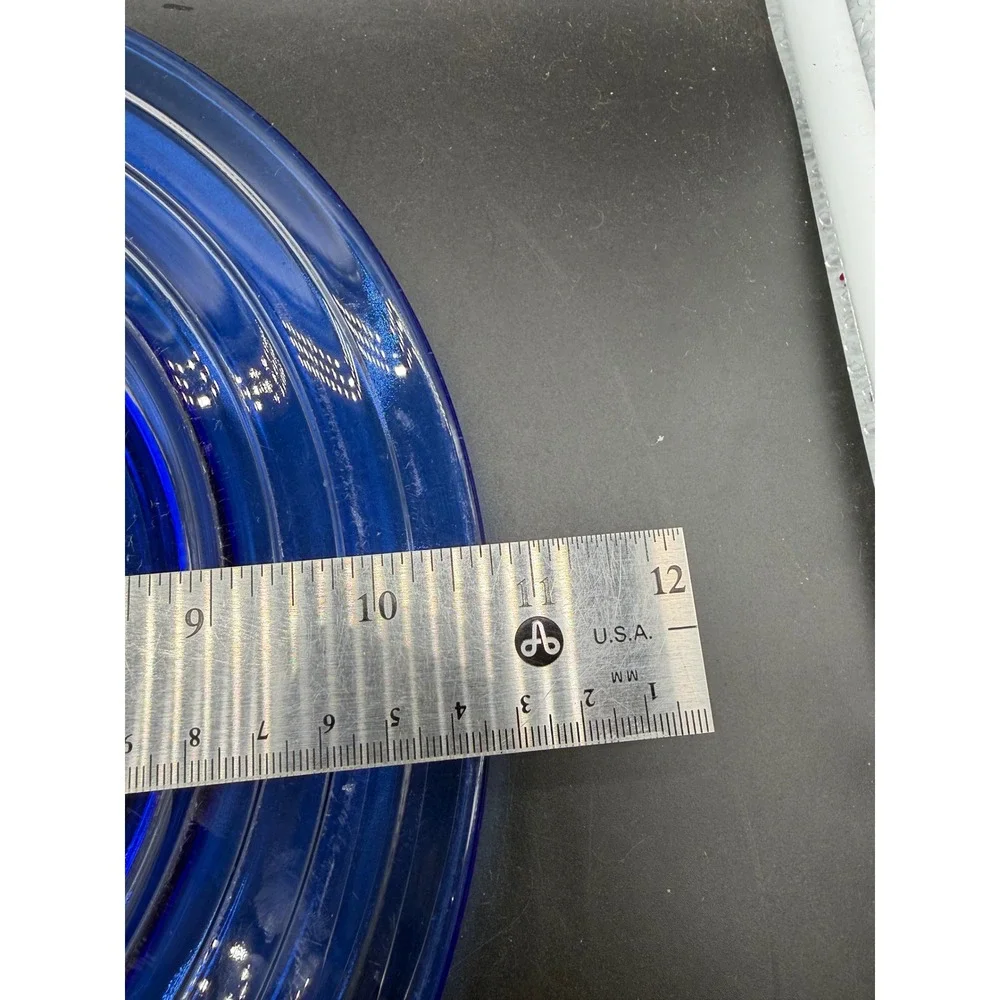 Vintage Cobalt Blue Glass Dinner Plate 10.75 Inch Concentric Ring Art Deco Style